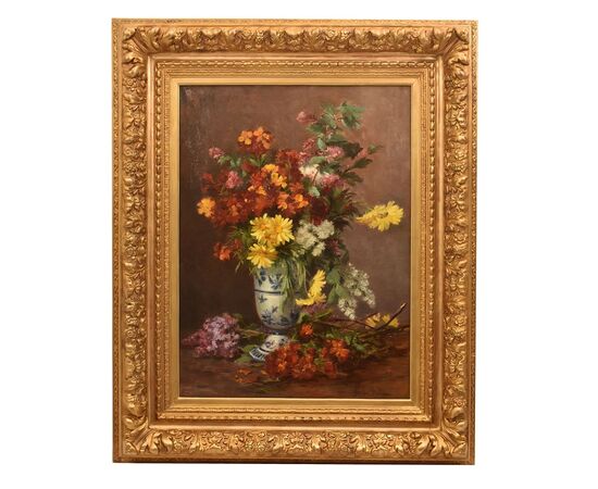 DIPINTI ANTICHI DI FIORI, NATURE MORTE CON MARGHERITE E LILLÁ, OLIO SU TELA, DELL 800. 