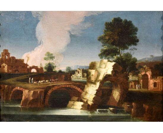 Paesaggio del Lazio con il fiume Tevere e un arco in rovina