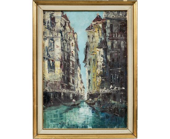 Pittore veneziano (inizi XX sec.) - Veduta di Venezia con canale e gondole.