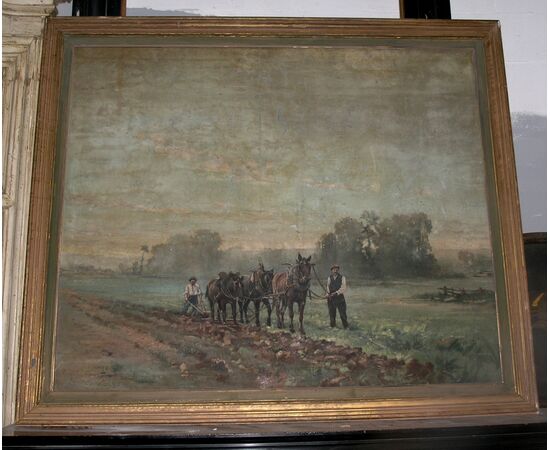 pan161  quadro dipinto  con scena rurale, ep. '800, mis. cm 160 x 135