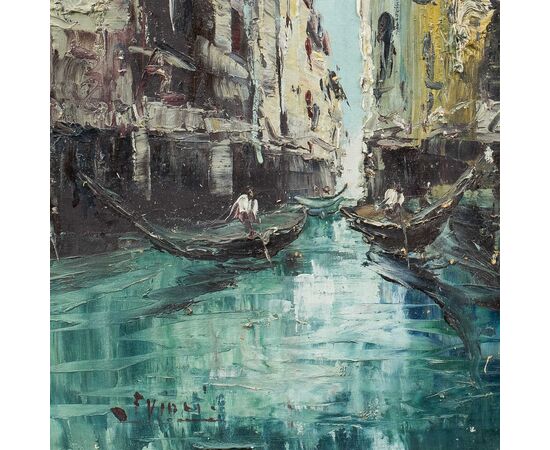 Pittore veneziano (inizi XX sec.) - Veduta di Venezia con canale e gondole.