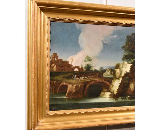 Paesaggio del Lazio con il fiume Tevere e un arco in rovina