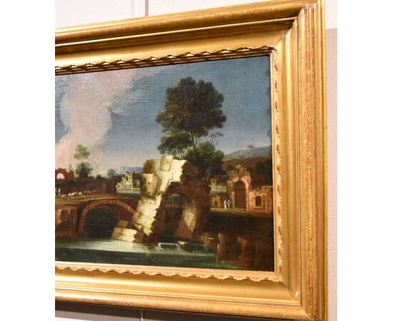 Paesaggio del Lazio con il fiume Tevere e un arco in rovina