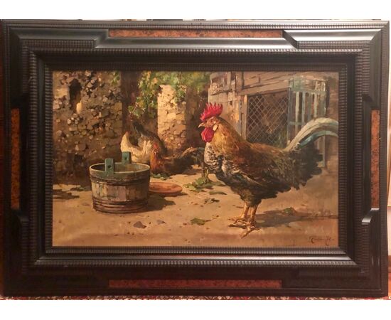 Dipinto olio su tela Gallo e galline in un pollaio.Firma Giordano Felice.Napoli (1880-1964)