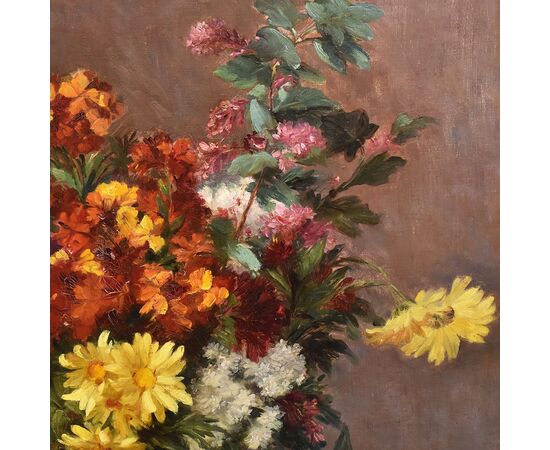 DIPINTI ANTICHI DI FIORI, NATURE MORTE CON MARGHERITE E LILLÁ, OLIO SU TELA, DELL 800. 