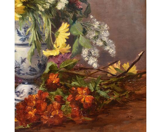 DIPINTI ANTICHI DI FIORI, NATURE MORTE CON MARGHERITE E LILLÁ, OLIO SU TELA, DELL 800. 