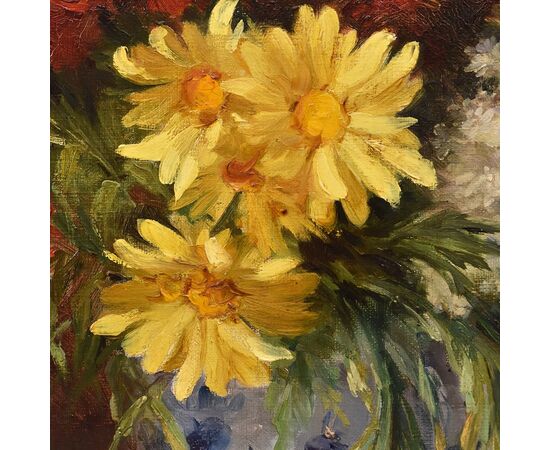 DIPINTI ANTICHI DI FIORI, NATURE MORTE CON MARGHERITE E LILLÁ, OLIO SU TELA, DELL 800. 