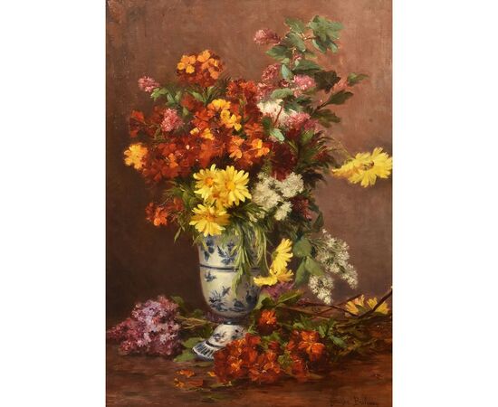 DIPINTI ANTICHI DI FIORI, NATURE MORTE CON MARGHERITE E LILLÁ, OLIO SU TELA, DELL 800. 