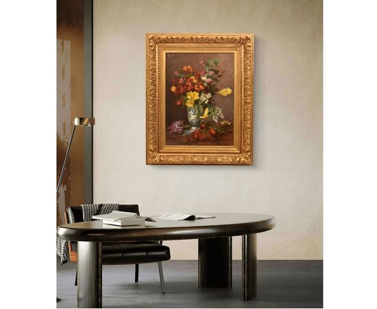 DIPINTI ANTICHI DI FIORI, NATURE MORTE CON MARGHERITE E LILLÁ, OLIO SU TELA, DELL 800. 