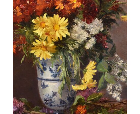 DIPINTI ANTICHI DI FIORI, NATURE MORTE CON MARGHERITE E LILLÁ, OLIO SU TELA, DELL 800. 