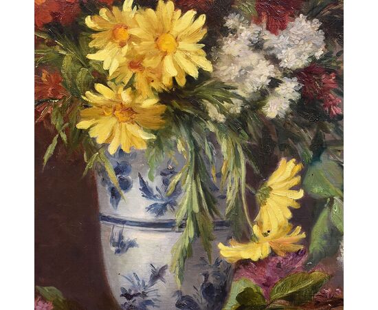 DIPINTI ANTICHI DI FIORI, NATURE MORTE CON MARGHERITE E LILLÁ, OLIO SU TELA, DELL 800. 