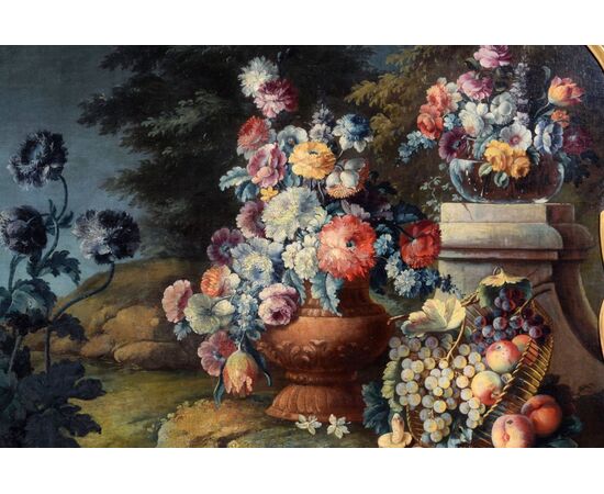 Tre dipinti raffiguranti Nature morte con trionfi di fiori e frutta, Michele Antonio Rapous (Torino, 1733 – 1819)