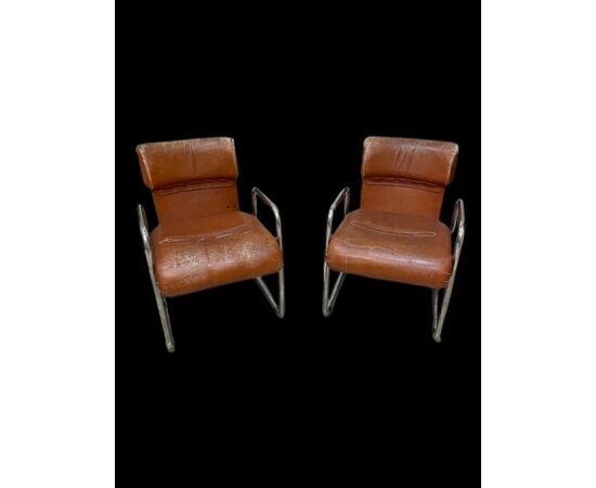Pair of vintage leather and steel armchairs     
