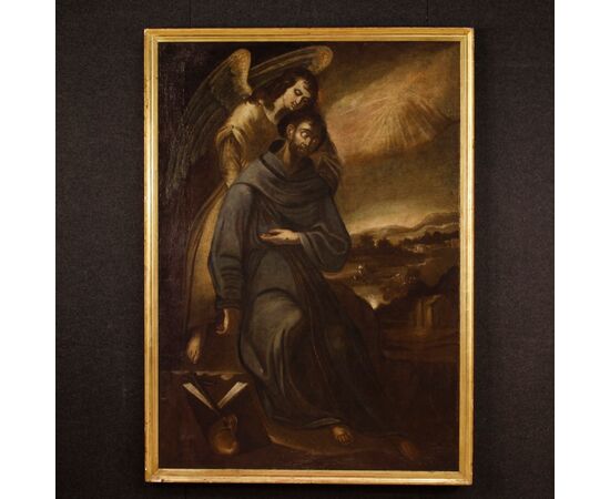 Antico dipinto religioso spagnolo San Francesco con angelo del XVII secolo