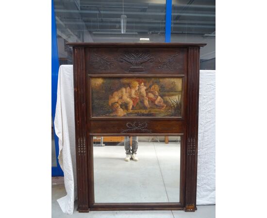 Specchiera legno rovere con olio su tela Luigi XVI rappresentante putti Francia