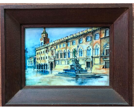 Majolica tile with frame depicting the town hall building in Piazza Maggiore in Bologna.Firma Maccaferri.     