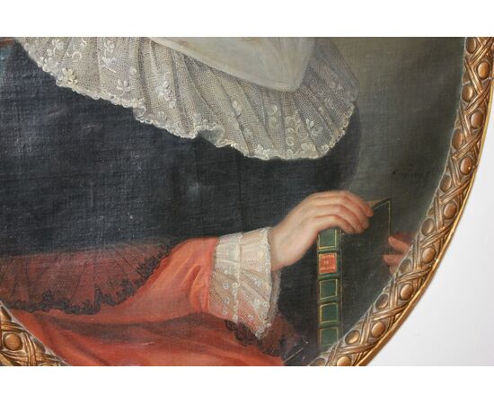 Olio su tela francese del 1600 Ritratto di Dama con Cornice dorata