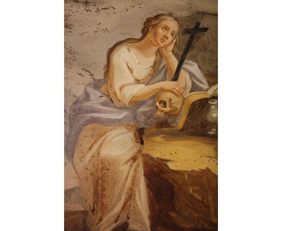 Maddalena penitente con teschio dipinto olio su vetro scuola Veneta del XVIII secolo