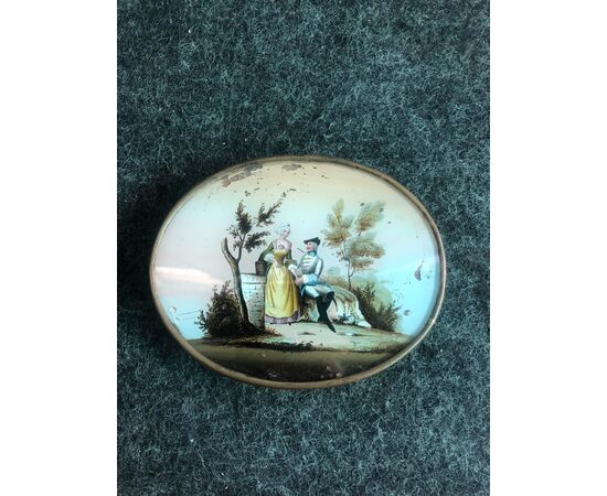 Box with metal profile. Cover with gallant scene painted on glass. France     