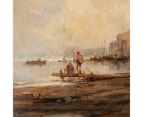 Olio su tela Marina con Laguna di Venezia datato 1877