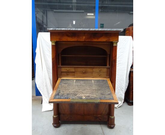 Secretaire a colonna piena in noce Impero 1820 francese chiave a quadrifoglio