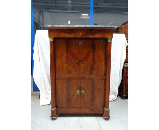 Secretaire a colonna piena in noce Impero 1820 francese chiave a quadrifoglio