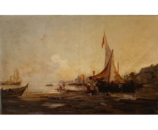 Olio su tela Marina con Laguna di Venezia datato 1877