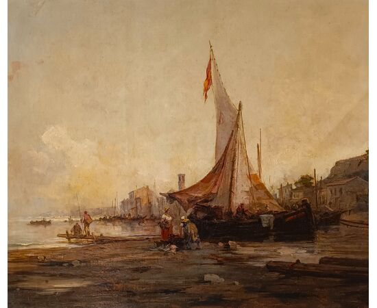 Olio su tela Marina con Laguna di Venezia datato 1877