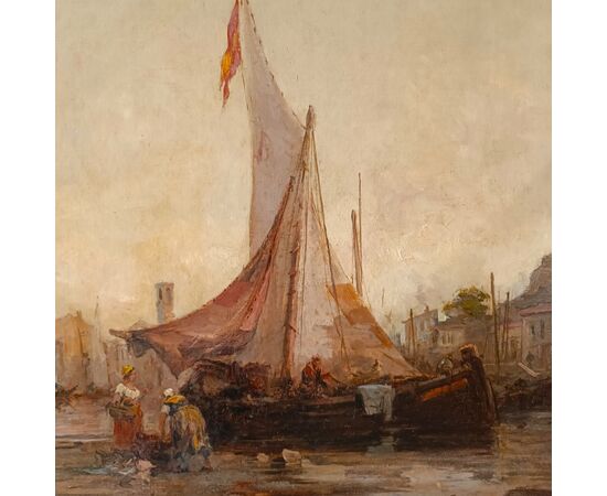 Olio su tela Marina con Laguna di Venezia datato 1877