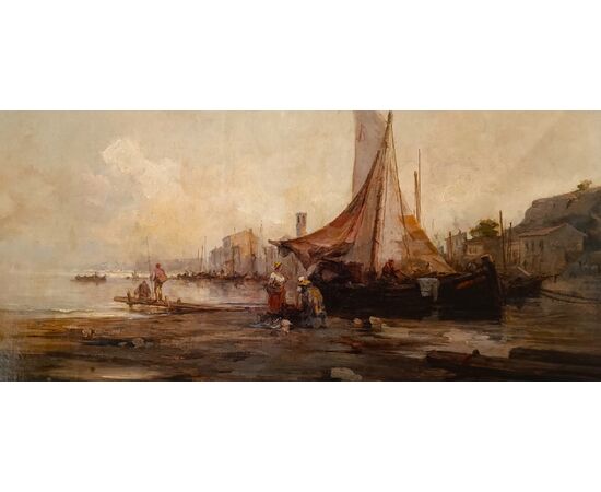 Olio su tela Marina con Laguna di Venezia datato 1877