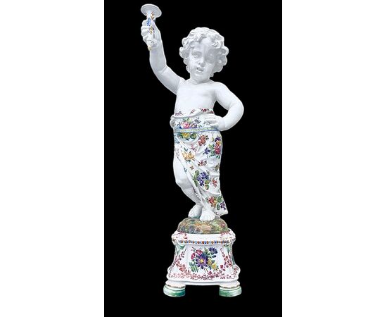 Coppia di grandi candelieri putti in maiolica a decoro floreale policromo.Gian  Battista Viero,Nove di Bassano.