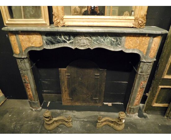 chm638 - gray, blue and yellow marble fireplace, cm l 151 xh 114     