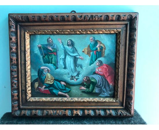 Oil on copper painting, Jesus with apostles. Italy     