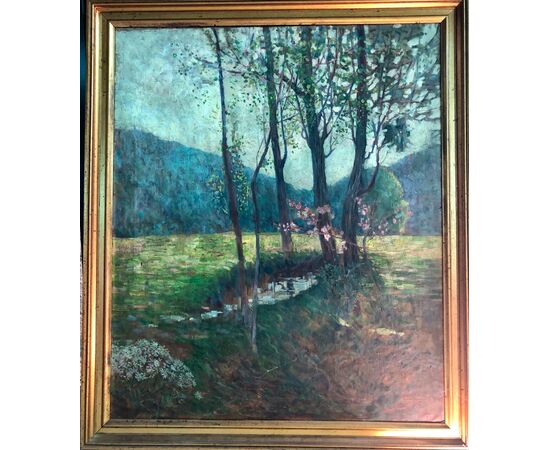 Dipinto olio su tela con paesaggio agreste.Italia