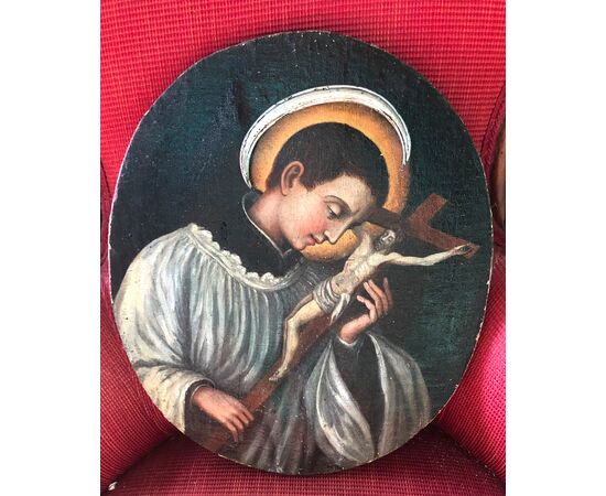 Dipinto ovale olio su tela raffigurante San Luigi Gonzaga.Italia