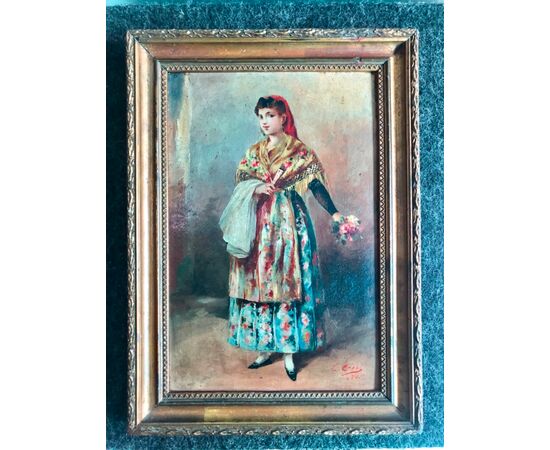 Dipinto olio su tela raffigurante figura femminile in costume.Francia