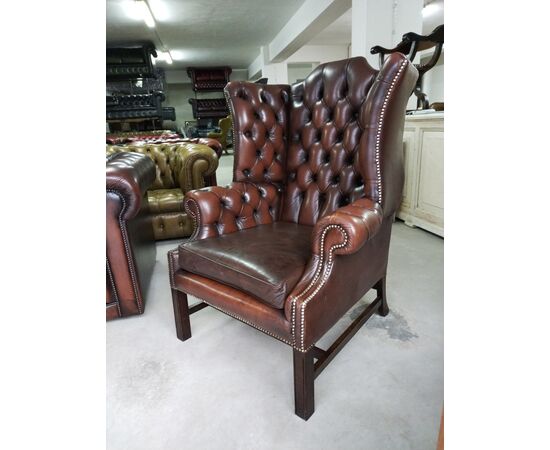 Poltrona chesterfield antica bergere inglese originale in pelle marrone   ( VENDUTO ) 