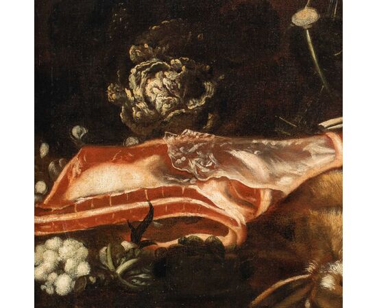 Pittore italiano (XVII-XVIII sec.) - Natura morta con carne, tacchino e cacciagione.