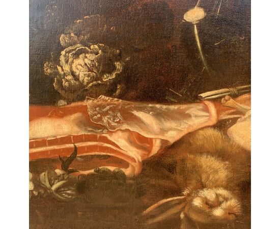 Pittore italiano (XVII-XVIII sec.) - Natura morta con carne, tacchino e cacciagione.