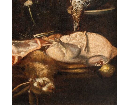 Pittore italiano (XVII-XVIII sec.) - Natura morta con carne, tacchino e cacciagione.