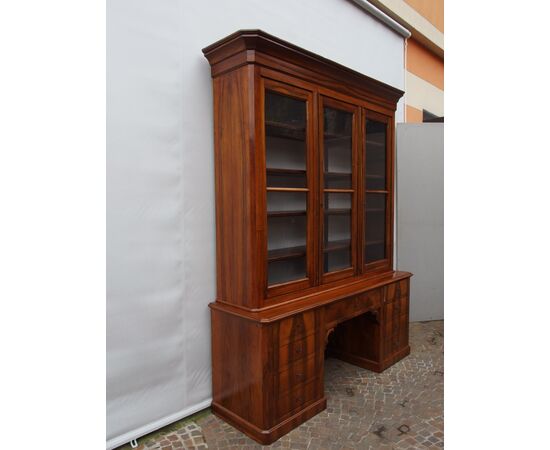 LIBRERIA A TRE PORTE IN NOCE EPOCA META' 800 FRANCIA RESTAURATA  cm L 204xP58xH258