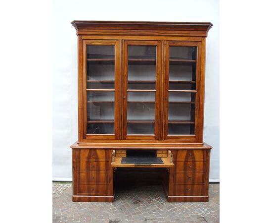 LIBRERIA A TRE PORTE IN NOCE EPOCA META' 800 FRANCIA RESTAURATA  cm L 204xP58xH258