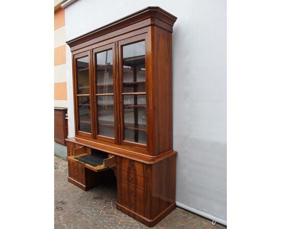 LIBRERIA A TRE PORTE IN NOCE EPOCA META' 800 FRANCIA RESTAURATA  cm L 204xP58xH258