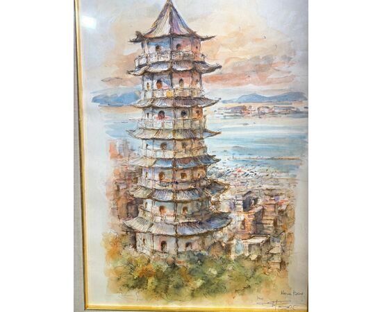 Acquarello primi '900 Pagoda, firmato, mis 59x46 cm