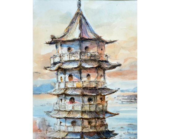 Acquarello primi '900 Pagoda, firmato, mis 59x46 cm