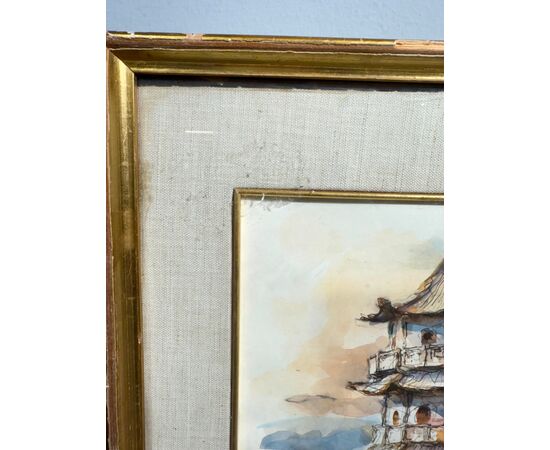 Acquarello primi '900 Pagoda, firmato, mis 59x46 cm