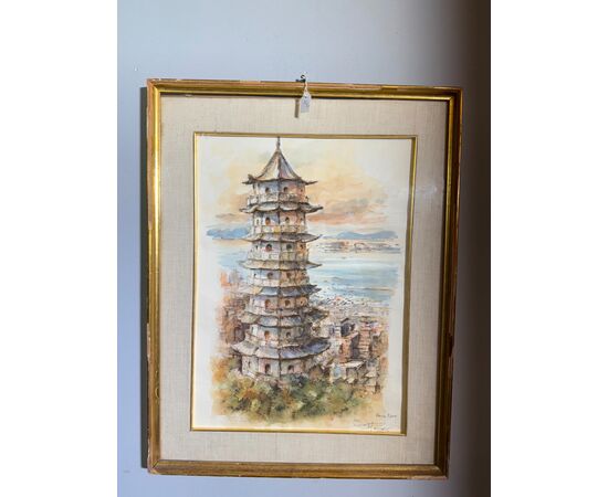 Acquarello primi '900 Pagoda, firmato, mis 59x46 cm