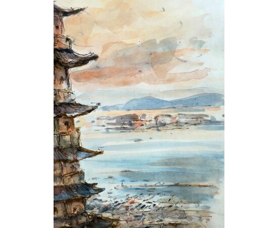 Acquarello primi '900 Pagoda, firmato, mis 59x46 cm