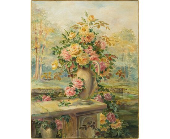Pittore francese (datato 1919) - Natura morta con vaso di rose.