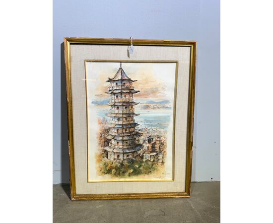 Acquarello primi '900 Pagoda, firmato, mis 59x46 cm